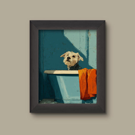 Dog in Bathtub Art Print – Funny Minimalist Dog Bathroom Decor | Fine Art Print