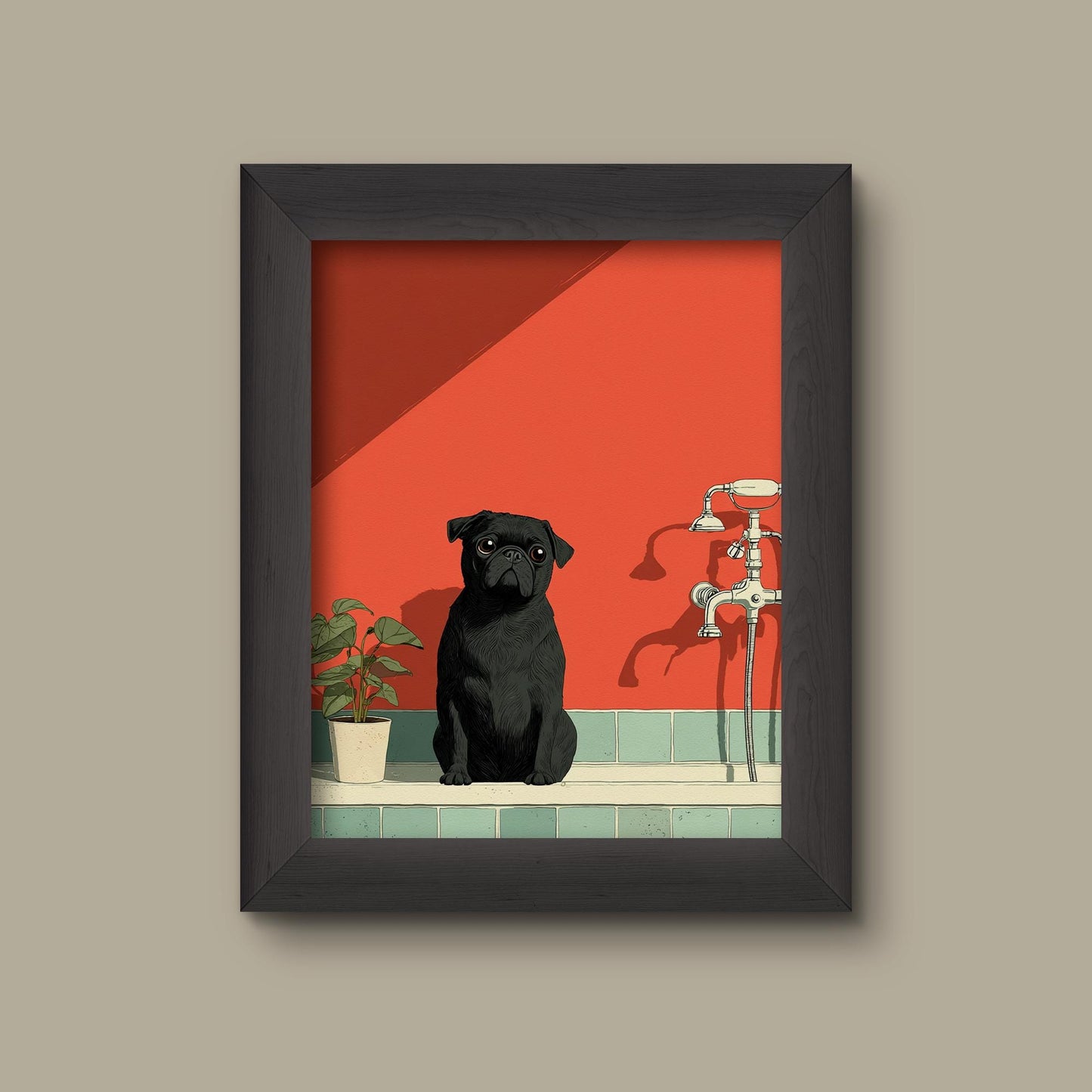 Black Pug in Retro Bathroom – Minimalist Dog Art Print | Fine Art Print