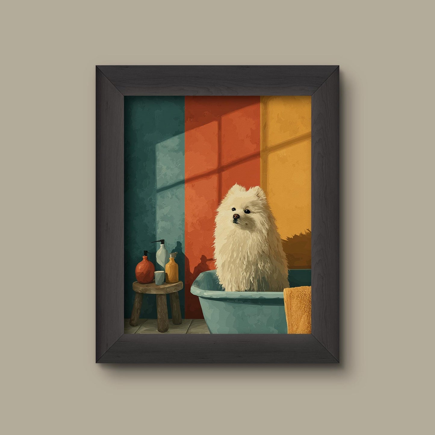 Fluffy White Dog in Colorful Bathroom – Retro Dog Art Print | Fine Art Print