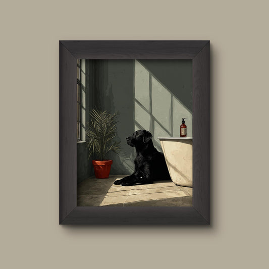 Black Lab Sunbathing in Retro Bathroom – Minimalist Dog Art Print | Fine Art Print