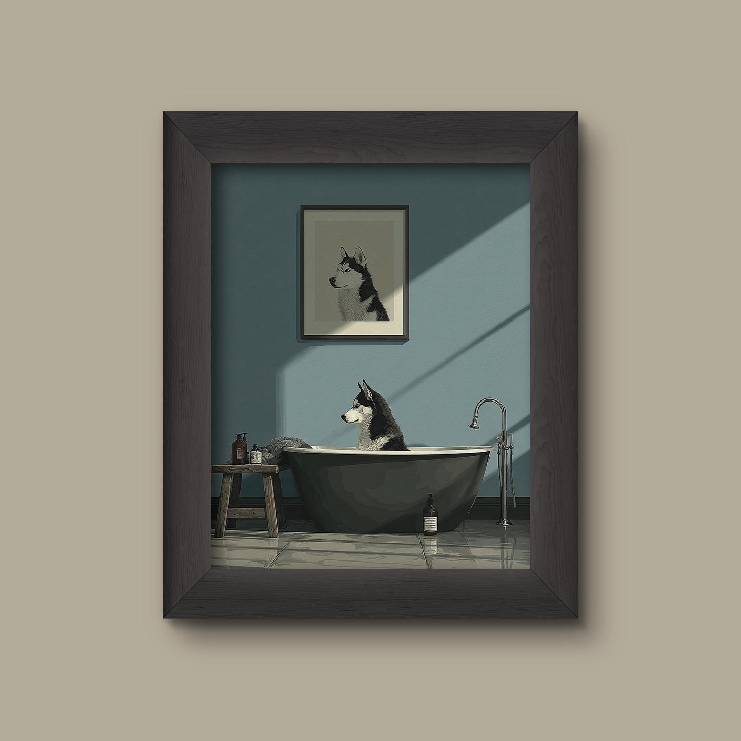 Modern Husky Bathroom Wall Art – Minimalist Dog in Bathtub Print – Funny Pet Decor for Dog Lovers | Fine Art Print
