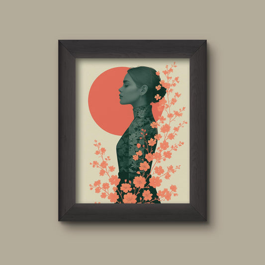 Coral Floral Woman Profile Art Print | Minimalist Modern Portrait Wall Art | Fine Art Print