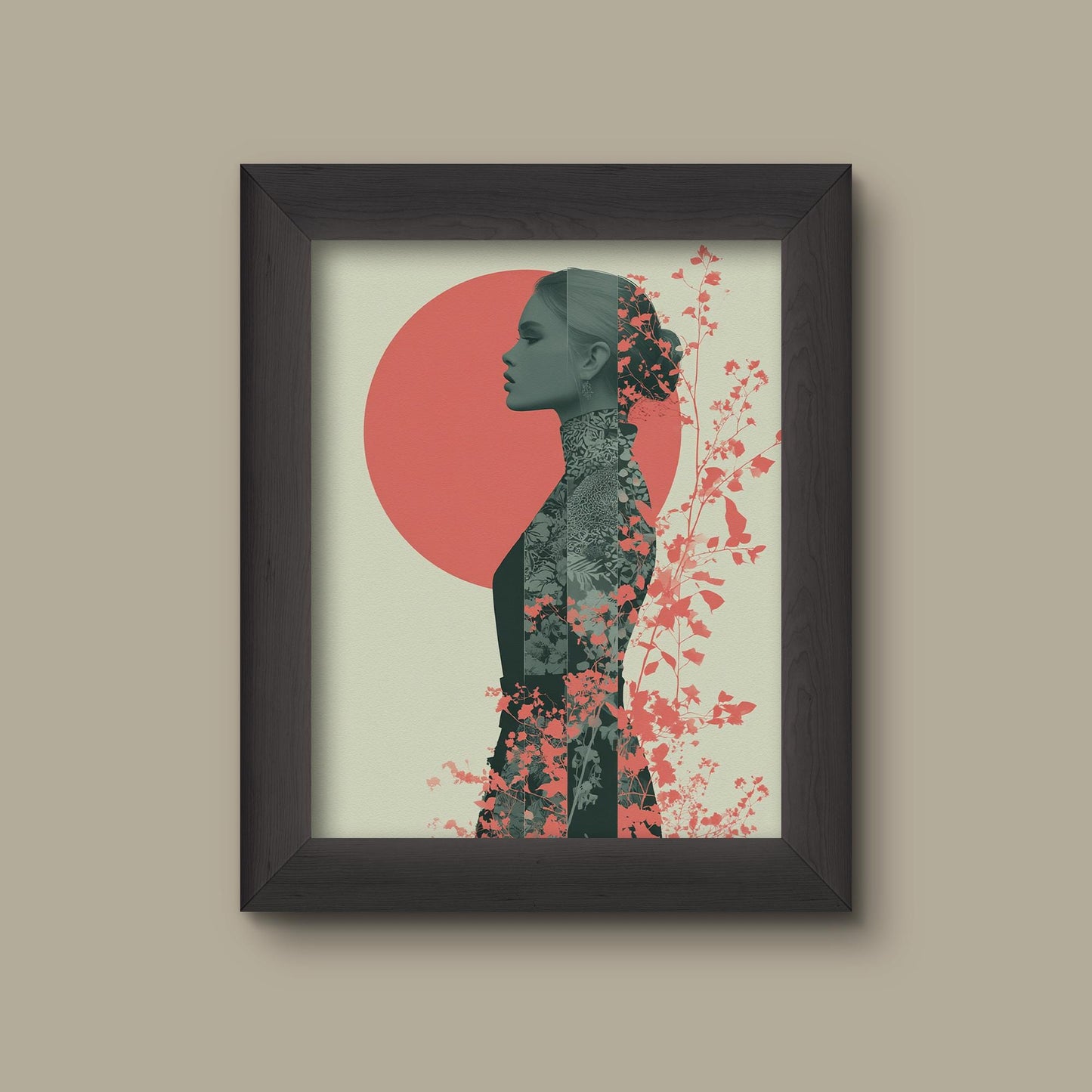 Coral Botanical Woman Portrait | Modern Floral Silhouette Art Print | Feminine Japandi Wall Decor | Fine Art Print