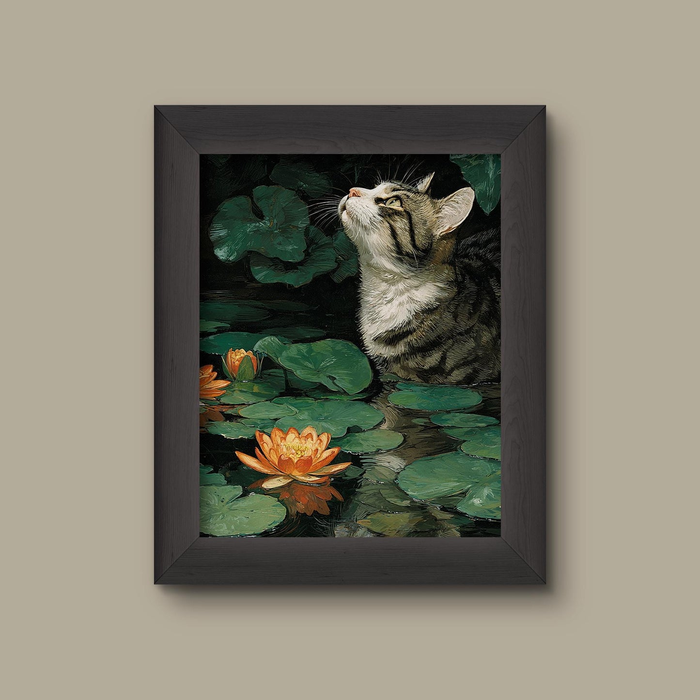 Tabby in the Water Garden – Monet-Inspired Lily Pond Cat Art Print | Fine Art Print