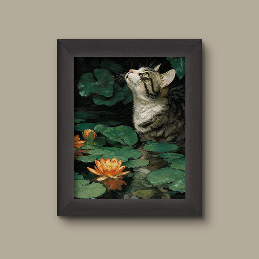 Tabby in the Water Garden – Monet-Inspired Lily Pond Cat Art Print | Fine Art Print