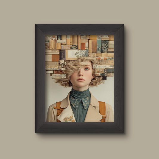 Whimsical Book Lover Portrait – Vintage Style Girl with Books in Hair – Literary Wall Art for Readers and Writers | Fine Art Print