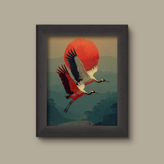 Red-Crowned Cranes Flying Over River – Japanese Nature Wall Art Print – Sunset Mountain Landscape – Oriental Crane Poster | Fine Art Print