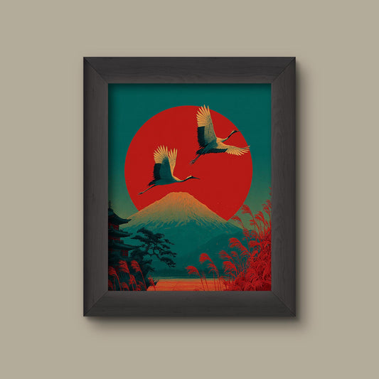 Japanese Crane Wall Art – Mount Fuji and Red Sun Print – Traditional Japan Landscape Poster – Oriental Nature Scene with Birds | Fine Art Print