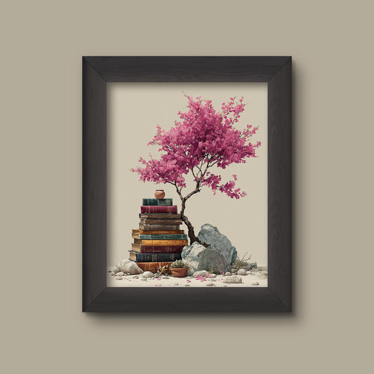 Vintage Book Stack with Cherry Blossom Tree – Literary Nature Wall Art – Botanical Library Print | Fine Art Print