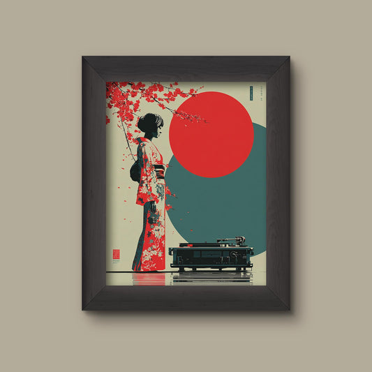 Japanese Kimono Girl with Turntable Art Print – Retro Vinyl and Sakura Blossoms – Red Sun Minimalist Wall Decor – Asian-Inspired Poster | Fine Art Pri