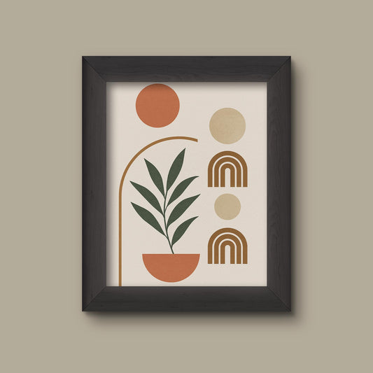 Japandi Rainbow Wall Art with Plant | Minimalist Abstract Botanical Print | Earth Tone Modern Boho Home Decor | Fine Art Print