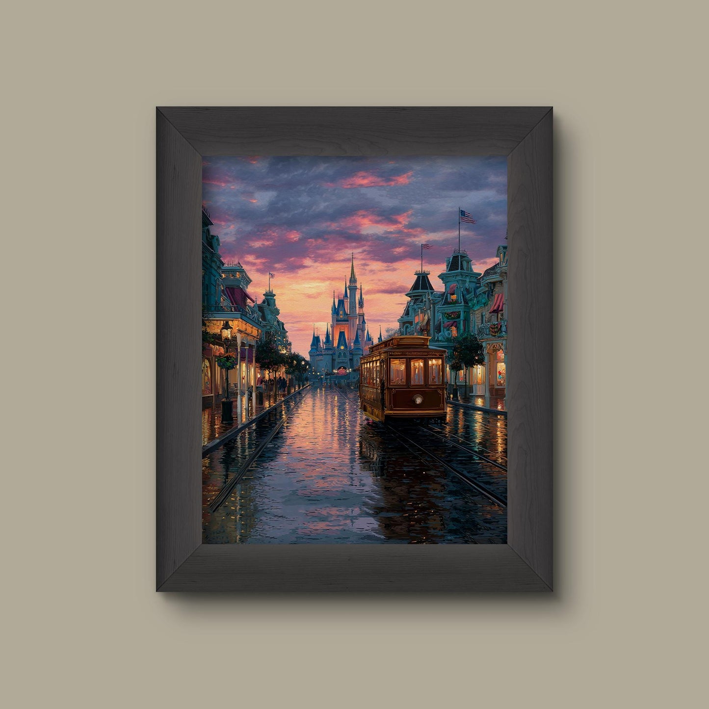 Disney Castle Sunset on Main Street – Magical Rainy Evening Trolley Ride Wall Art Print | Fine Art Print