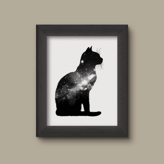 Black Galaxy Cat Silhouette – Cosmic Animal Art Print | Fine Art Print