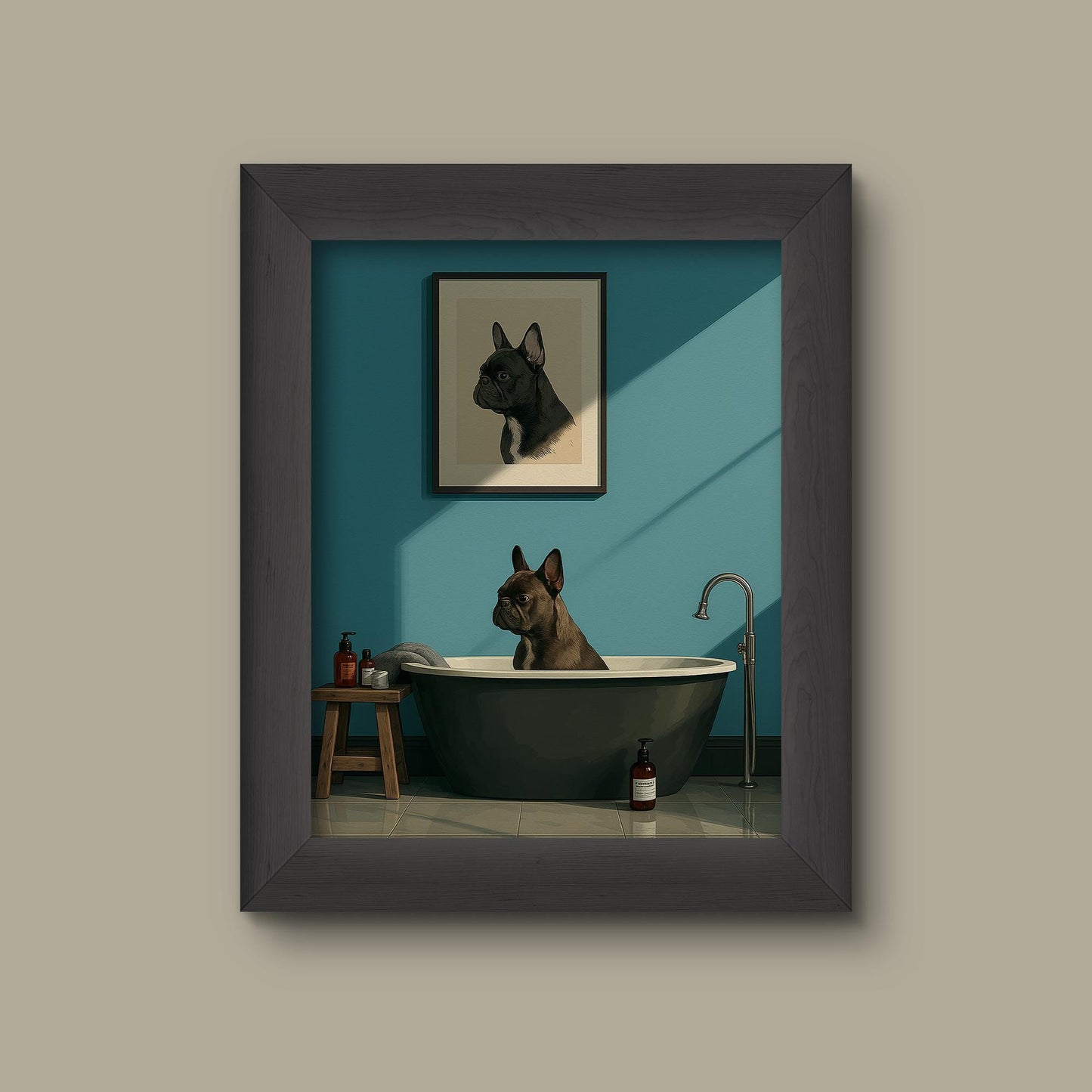 Minimalist French Bulldog Bathroom Art Print – Funny Dog in Bathtub Wall Decor | Fine Art Print