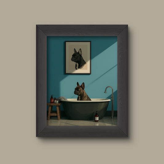 Minimalist French Bulldog Bathroom Art Print – Funny Dog in Bathtub Wall Decor | Fine Art Print