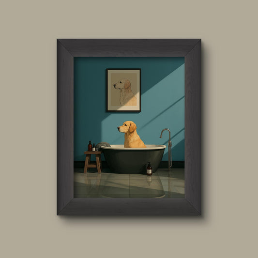 Minimalist Yellow Labrador Bathroom Art Print – Funny Dog in Bathtub Wall Decor | Fine Art Print