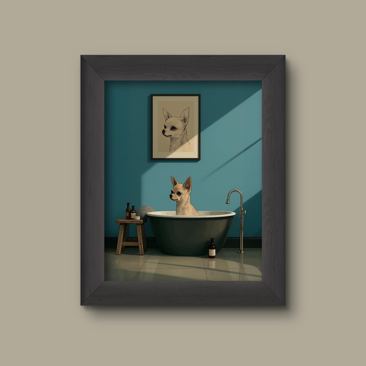 Minimalist Chihuahua Bathroom Art Print – Funny Dog in Bathtub Wall Decor | Fine Art Print