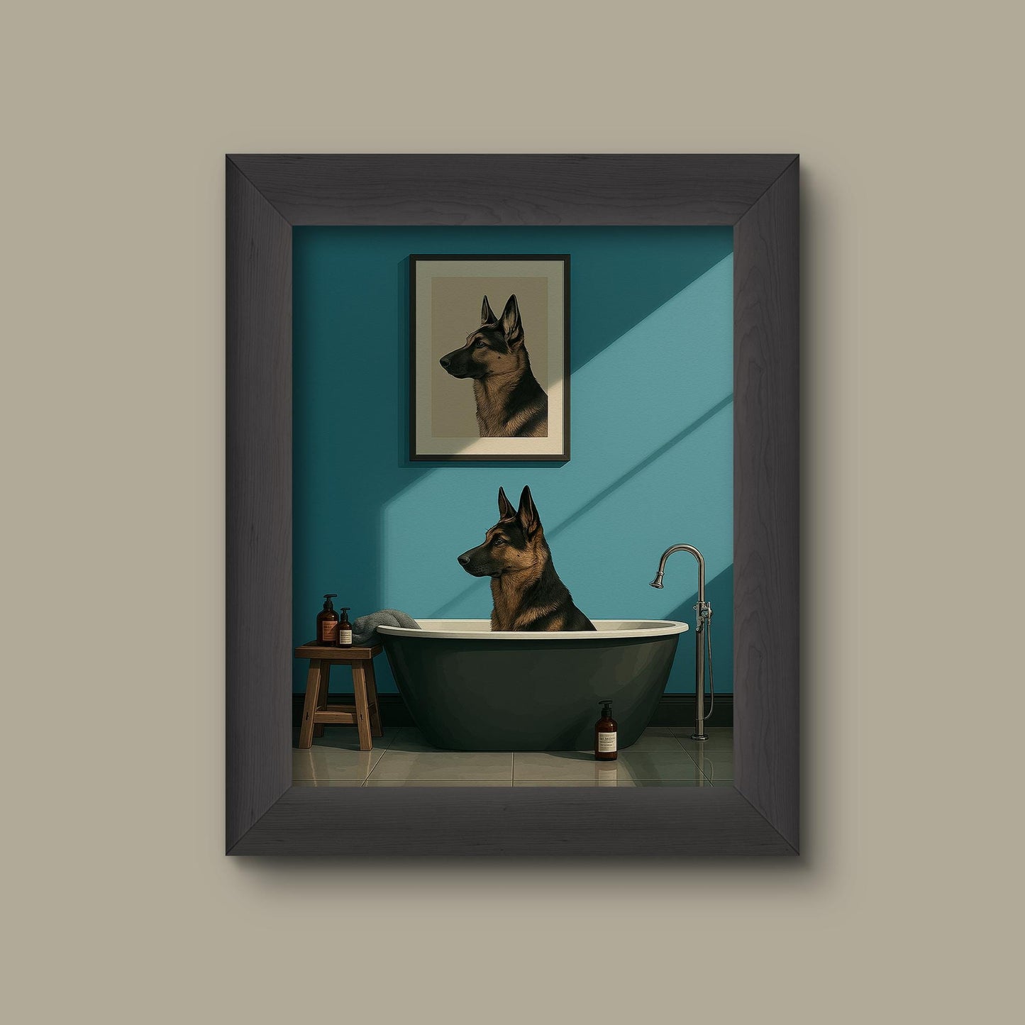 Minimalist German Shepherd Bathroom Art Print – Funny Dog in Bathtub Wall Decor | Fine Art Print