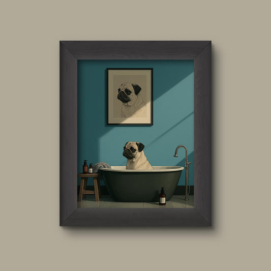 Minimalist Pug Bathroom Art Print – Funny Dog in Bathtub Wall Decor | Fine Art Print