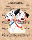 101 Dalmatians Pongo and Perdita over Dalmatian Plantation Sheet Music Art Print