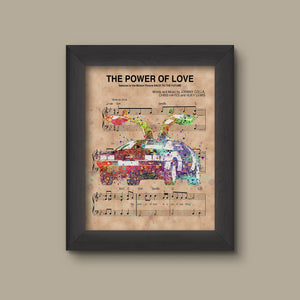 Back to the Future, Delorean watercolor over Power of Love Sheet Music Art Print