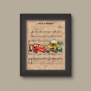 Cars, Lightning McQueen and Mater, Watercolor, Life Is A Highway Sheet Music Art Print