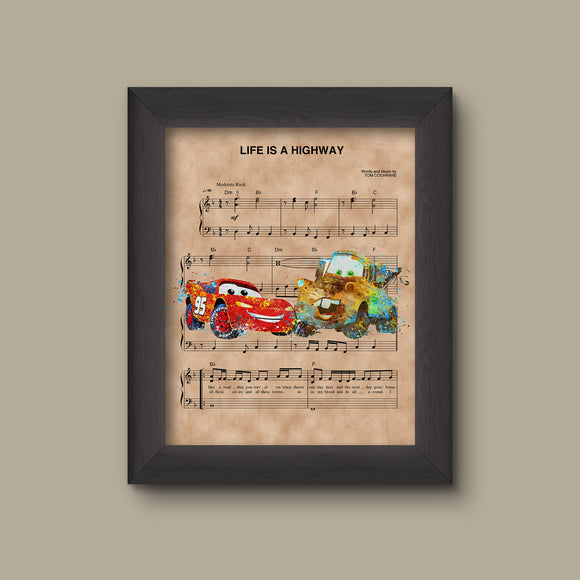 Cars, Lightning McQueen and Mater, Watercolor, Life Is A Highway Sheet Music Art Print