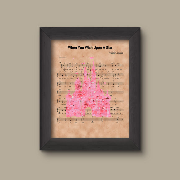Disney Castle Pink Watercolor, When You Wish Upon A Star Sheet Music Art Print