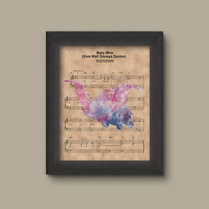 Dumbo Watercolor, Baby Mine Sheet Music Art Print