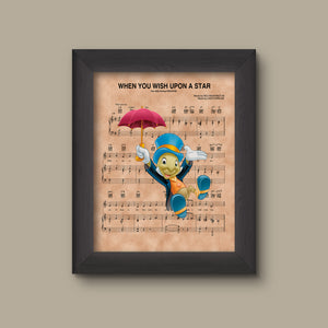 Jiminy Cricket with Umbrella, When You Wish Upon A Star Sheet Music Art Print