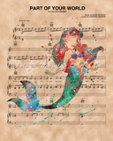 Little Mermaid, Ariel Watercolor Sheet Music Art Print