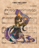 Tangled, Rapunzel Flynn Lantern Silhouette over I See The Light Sheet Music Art Print
