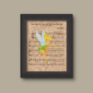 Tinker Bell, Watercolor, You Can Fly! You Can Fly! You Can Fly! Sheet Music Art Print