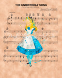 Alice in Wonderland, Alice Watercolor The Unbirthday Song Sheet Music Art Print