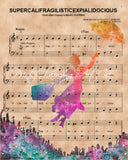 Marry Poppins, Watercolor Silhouette Sheet Music Art