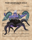 Little Mermaid, Ursula with Flotsam and Jetsam Sheet Music Art Print