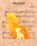 Lion King Mufasa Simba Silhouette Watercolor Circle of Life Sheet Music Art Print